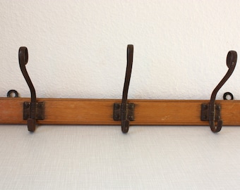 Coat rack wooden / 3 hooks / wall hooks / towel hooks / bar / brown / vintage / Mid Century / 50s 60s / home accessory hallway / gift / prop