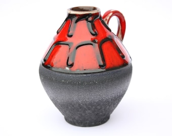 Vase ceramic Fat Lava with handle Germany red black brown, 60s 70s