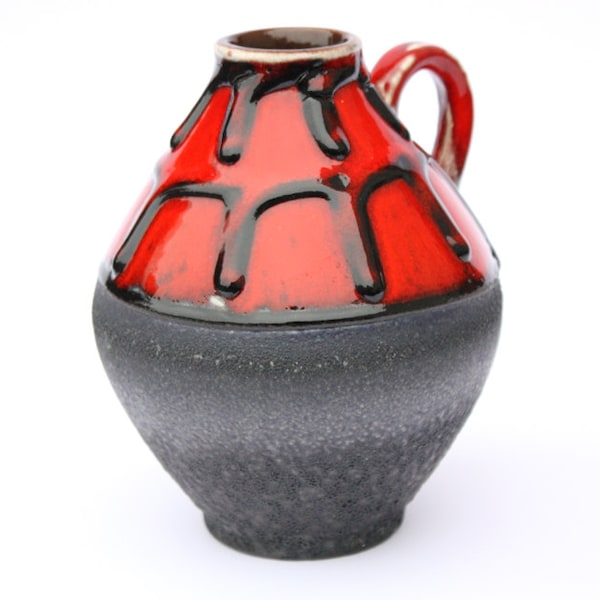 Vase ceramic Fat Lava with handle Germany red black brown, 60s 70s