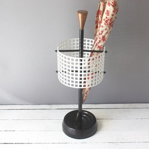 Vintage umbrella stand, walking stick holder cylindrical perforated metal, Germany, entrance decor, gift office wife husband