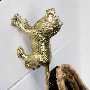 May include: A gold lion-shaped wall hook with a rope hanging from it.