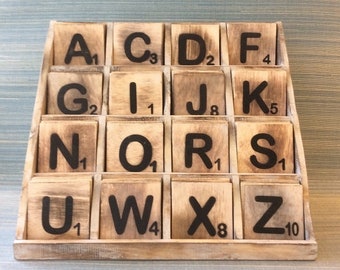 12 Scrabble tiles letters rustic square wooden black alphabet, sign for family names, messages, personalized gifts, key chains arts crafts