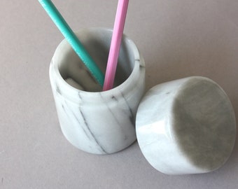 Can marble Vintage, tin canister pot stone, desk utensil accessory, pen holder round grey, sugar bowl, home decor 60s 70s gift wife