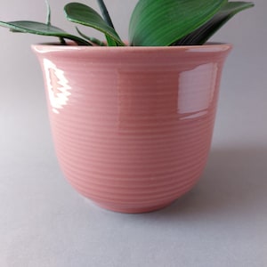 Può includere: Un vaso in ceramica rosa con un design a coste. Il vaso è vuoto e ha una finitura lucida.