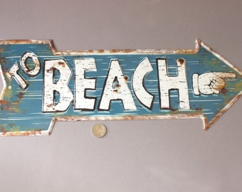 Beach Schild Pfeil Shabby, Wegweiser Metallschild Vintage Stil, rustikales Strand Türschild, nostalgisch blau weiß