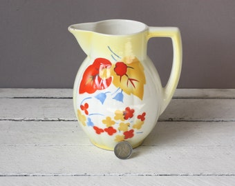 Antique pitcher vintage, milk jug 30s 40s, juice jar Retro, vase ceramic with handle, floral decor, German Pottery