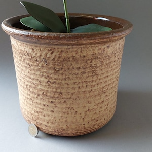 Könnte beinhalten: Ein brauner Keramiktopf mit strukturierter Oberfläche. Der Topf ist leer und hat einen braunen Rand.