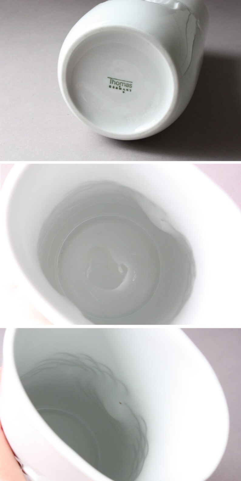 May include: White ceramic vase with a smooth, rounded shape. The bottom of the vase has the text "Thomas Germany" printed in green.