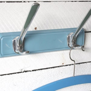 Small  coat rack 50s 60s metal, vintage wall hooks, towel hooks, Mid Century, gift her wife women sister husband him, serenity light blue