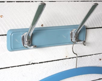 Small  coat rack 50s 60s metal, vintage wall hooks, towel hooks, Mid Century, gift her wife women sister husband him, serenity light blue