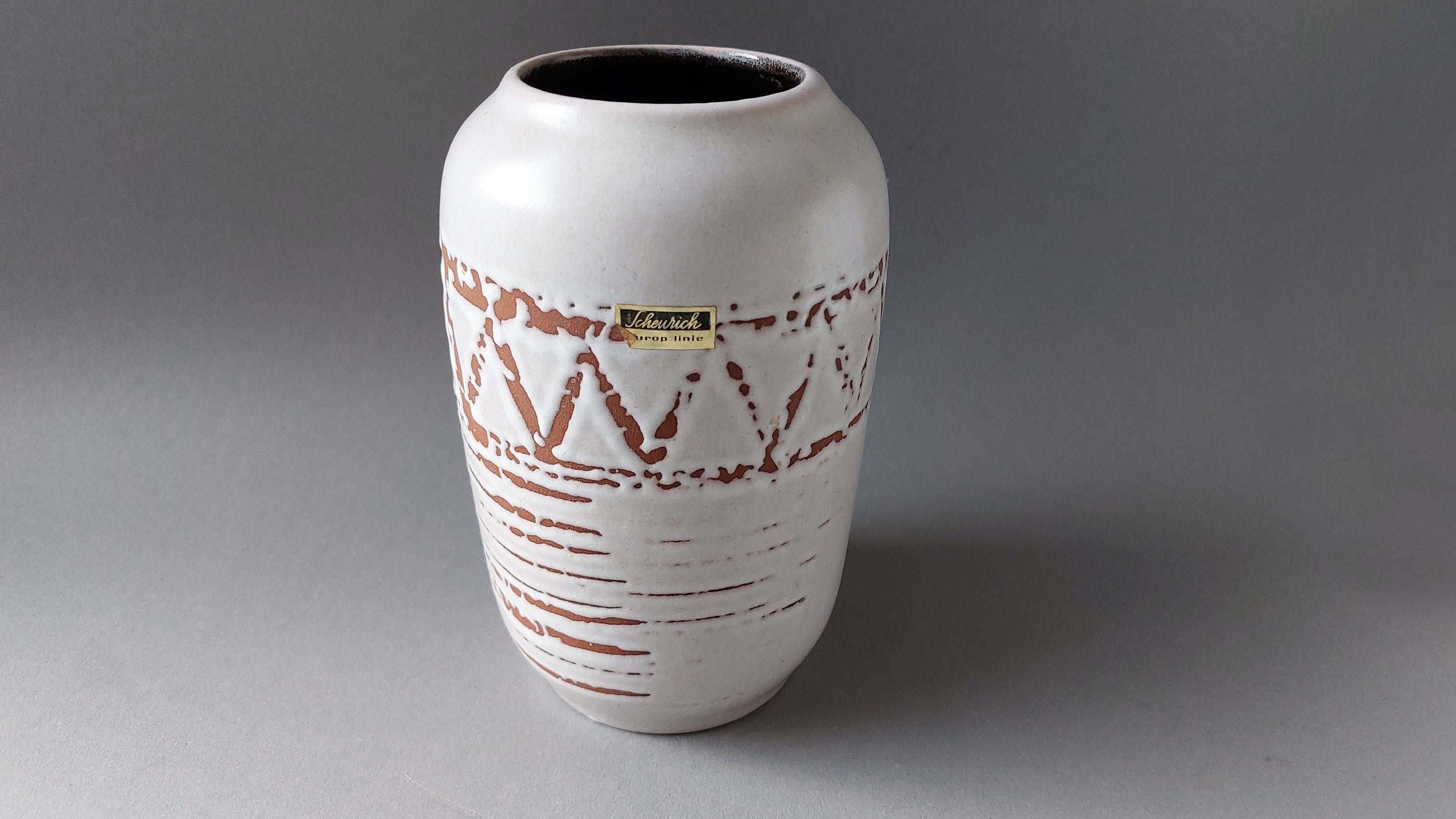 Vase Céramique Scheurich Linie - Moderniste Années 1960 - Ocre, Blanc, Noir