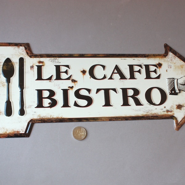 Cafe Bistro Schild Pfeil Shabby, Wegweiser Metallschild Vintage Stil, rustikales Türschild, Hinweisschild französischer Stil weiß schwarz