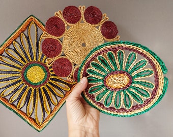 3 Raffia Coasters Vintage, Trivet For Hot Dishes, Set