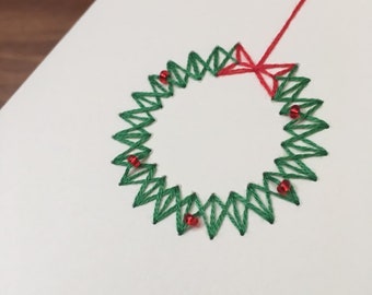 Handmade Modern Stitched Christmas Wreath Card