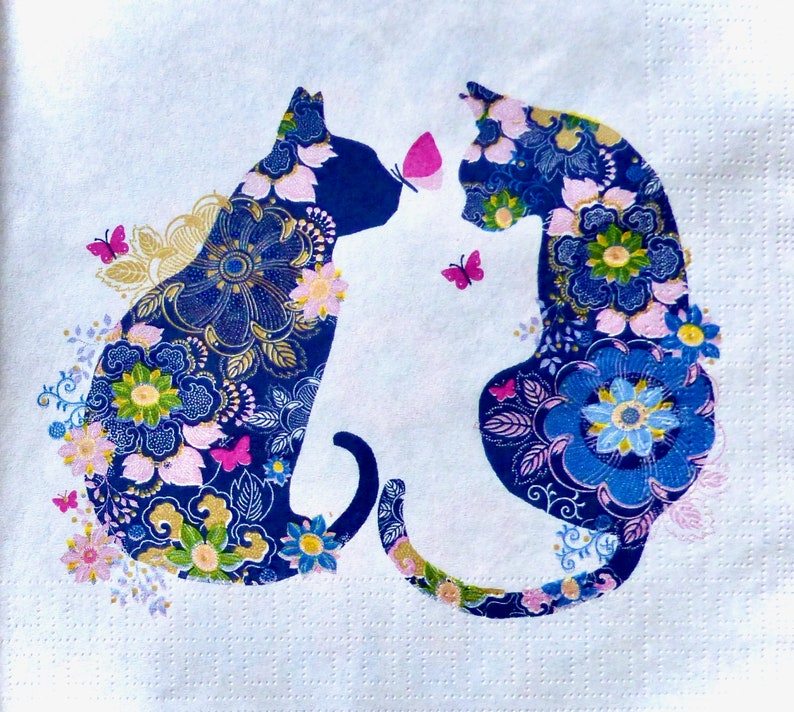 Decoupage Tissue ~ Floral Cats ~ Animal Print ~ Kids Crafts ~ Art Journal ~ Collage Napkin ~ Decorative Tissue ~ Decoupage Paper