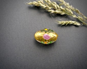 Pink roses gold foil oval bead 27mm, Murano Glass beads, flowers DYI jewelry making, necklace focal bead GPB115