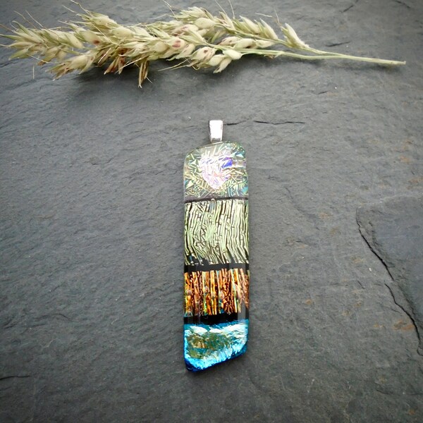 Dichroic glass pendant, aqua blue, gold, green, white and black rectangle pendant, handmade glass pendant GPB169