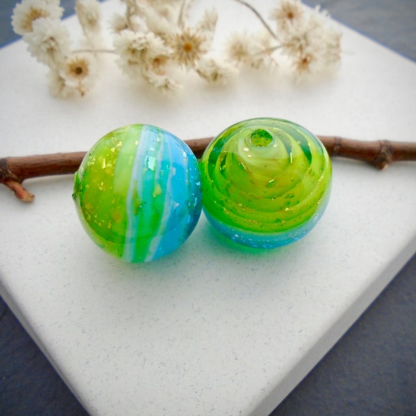 Murano Glass bead, aqua and peridot green silver tricolor rounds 18mm DIY jewelry making, set of 2 GPB173