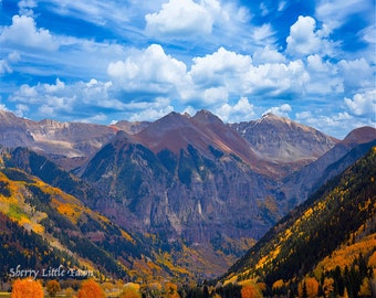 Ajax Mountain- Ingram Falls Telluride Colorado, Beautiful Mountain on a fall day, wall art,   Fine art Photography Print; Unframed