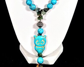 30" Genuine turquoise & imperial jasper Y-necklace with owl pendant