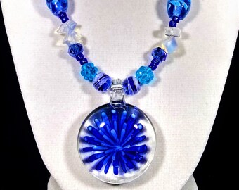 19" Blue artglass, moonstone & crystal necklace with blue flower glass pendant