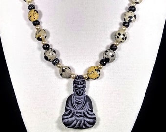 18" Buddha stone pendant, genuine jasper & pearl necklace