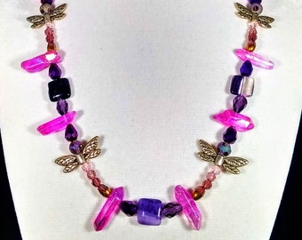 17 1/2" Genuine pink quartz, flourite, silver dragonflies, swarovski crystal & artglass bead necklace