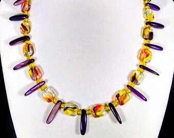 17" Square swirled rainbow glass beads, purple shell & artglass necklace