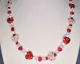 17” (“SPIRIT OF LOVE”) millefiori glass heart Valentine's Day necklace in red, blue, green, purple or black hearts