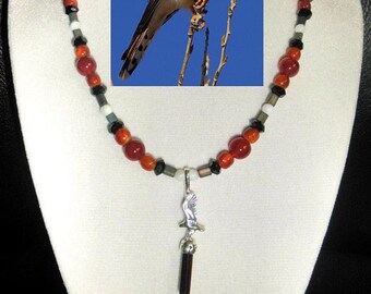 American Kestral custom artisan handcrafted  genuine fire agate, jet, cherry amber necklace with sterling silver hawk/tiger's eye pendant