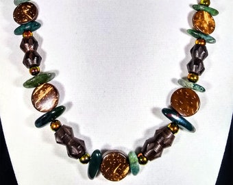 18" Wood, genuine moss agate & artglass bead necklace