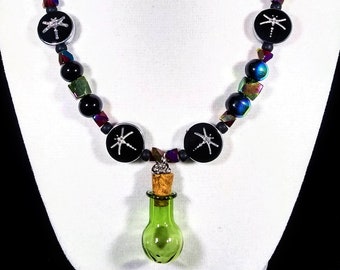 19 1/2" Alchemy dragonfly artglass bead necklace with green glass beaker pendant