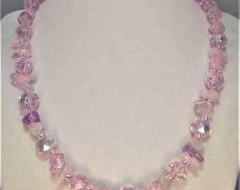 18” (“PINKTASTIC”) pink rose quartz and artglass bead necklace