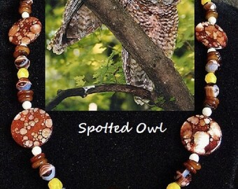 Spotted Owl genuine gemstone and artglass bead necklace