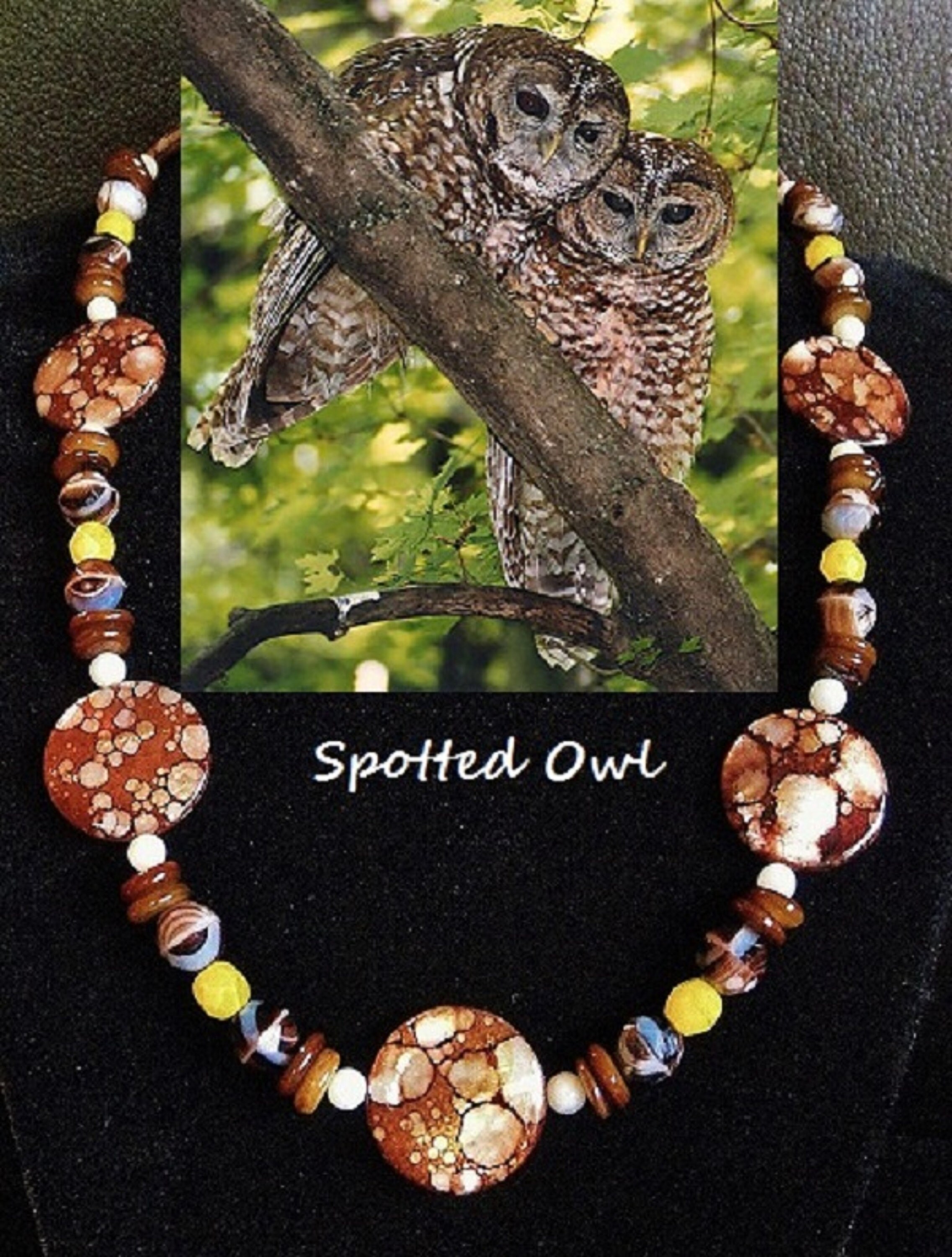 Spotted Owl genuine gemstone and artglass bead necklace