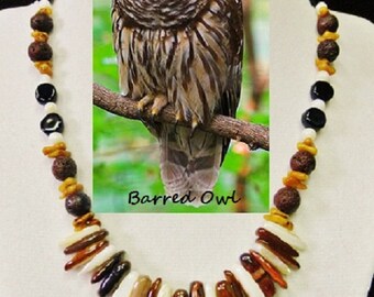 Barred Owl custom artisan handcrafted genuine gemstone, tiger's eye, coral, lava, shell, and artglass bead necklace