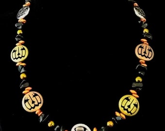 17" Halloween metal pumpkin, black jasper & orange artglass beads necklace