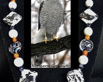 Northern Goshawk artisan handcrafted genuine stone, shell, resin, & artglass bead necklace