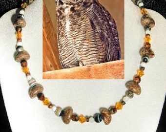 Great Horned Owl custom artisan handcrafted genuine stone, shell, crystal, wood, and artglass bead necklace