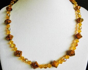 17" golden sunset swarovski crystal and artglass bead necklace
