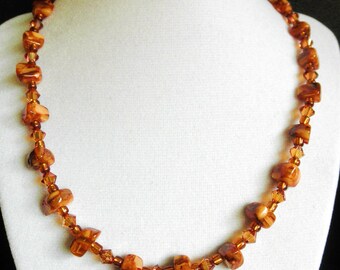 18" artisan handcrafted rust colored artglass inlaid mosiac beads & swarovski crystal bead necklace