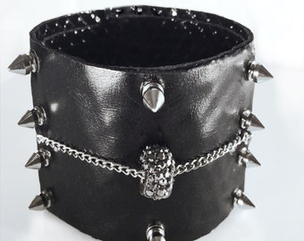 Black Leather Cuff with Skull Head, Spike Leather wristband , Goth, Wide leather cuff, rock and roll leather cuffs