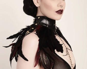 Feather Leather Choker, Burning man Costume, Gothic Feather Collar, Black Leather Choker