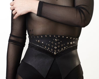 Black leather corset belt, goth corset, leather under bust corset, sexy corset, studded waist cincher belt