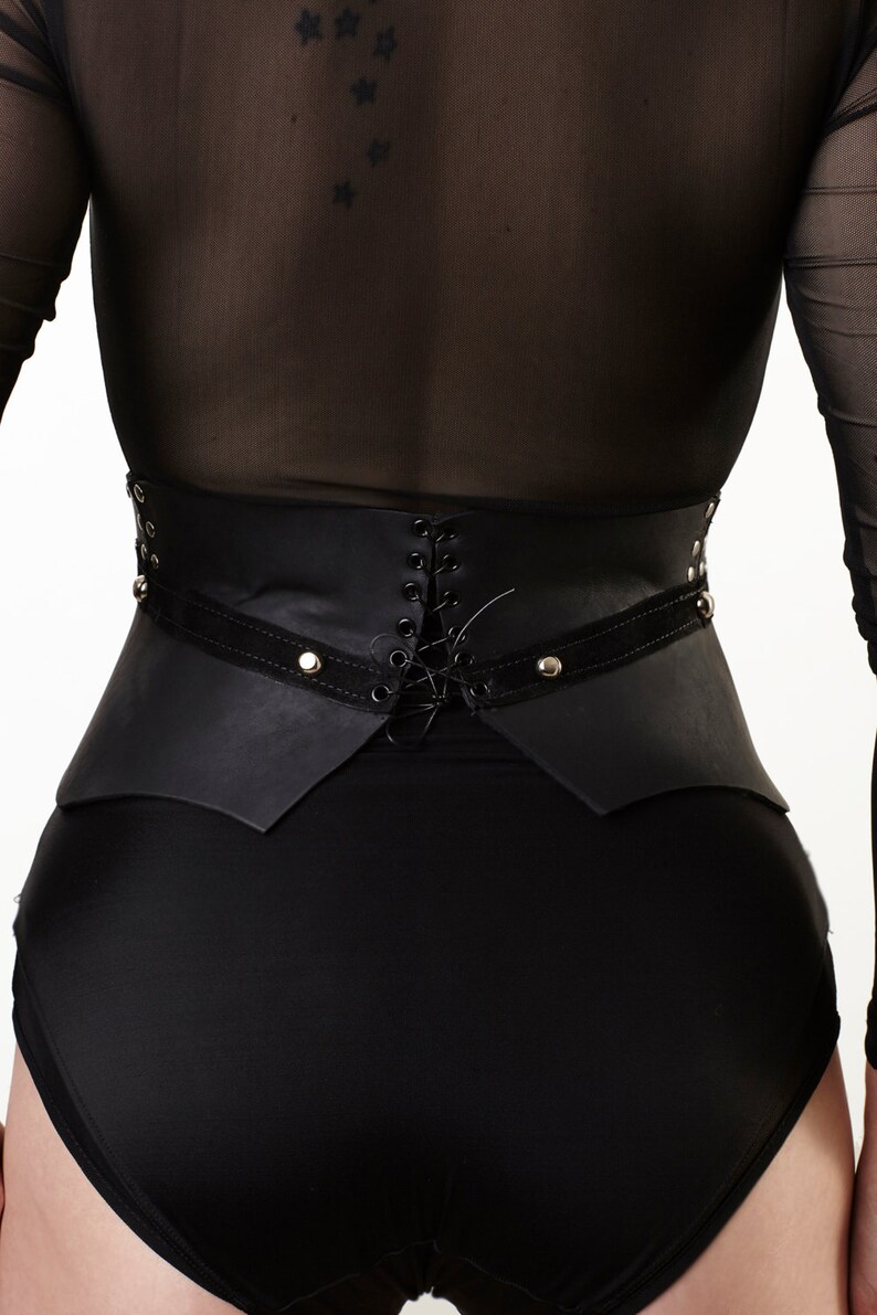 Black leather corset belt, goth corset, leather under bust corset, sexy corset, studded waist cincher belt image 5