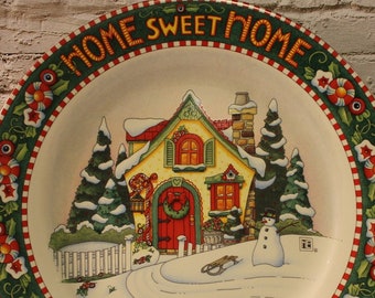 Retro Christmas Platter By Mary Engelbreit "Home Sweet Home" 12.25". Platter In Great Vintage Shape No Chips Or Cracks Made By Enesco Corp.