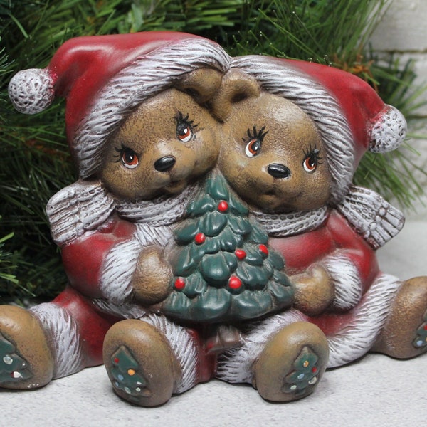 Vintage Hand Painted Christmas Teddy Bears Figure Signed.  Cute Ceramic Christmas Table Top Decor. Vintage Xmas Kitsch. Holiday decor gift.