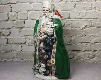 Vintage Christmas Table Top Santa. Hand Painted Ceramic Santa With Woodland Critters. Vintage Santa Claus Decor. Vintage Tablescaping.