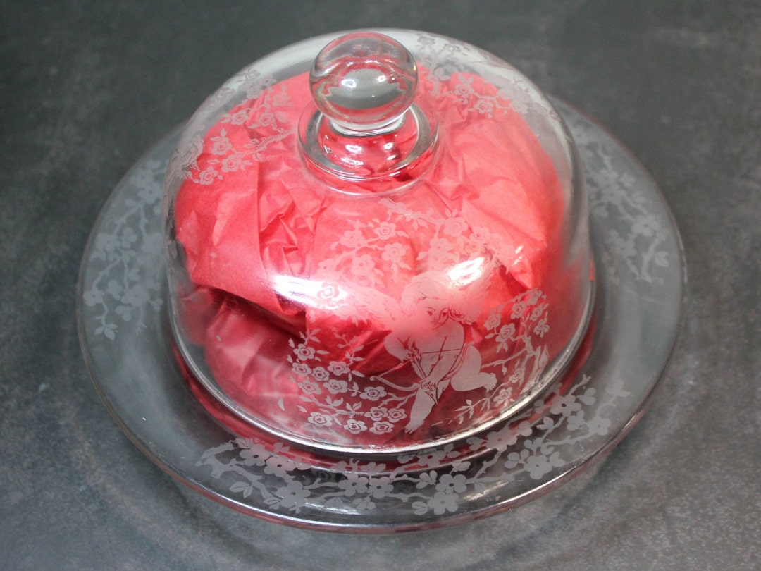 Vintage Butter Bell. Round Glass Butter Crock With Etched Cherubs