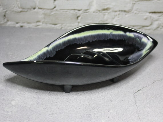 Vintage Ashtray. MCM Leaf Shaped Ashtray. Black, With White